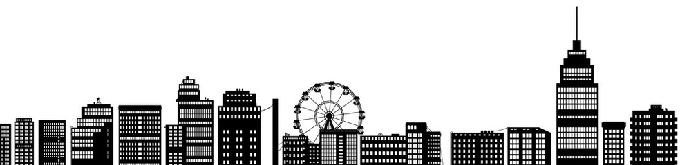 cityscape street panorama view silhouette town in black contour color isolated on white , ferris wheel skyscraper buildings houses , vector horizontal bottom banner