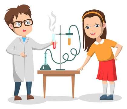 Chemistry lesson vector, isolated boy and girl conducting experiment with substances and chemicals. Teacher and schoolgirl curious character, back to school concept. Flat cartoon