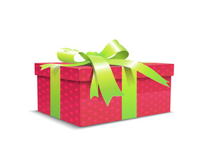 The red gift box with a green ribbon, a bow, and stars on sides of the one. The gift box is isolated on a white background. 