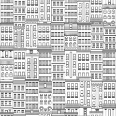 Patern seamless tile cartoon houses street panorama with with roads, windows, doors. Funny minimal flat cityscape
