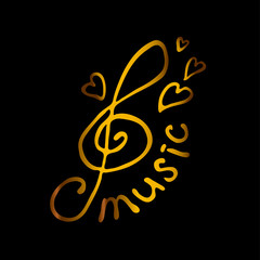 Music vector logo. Big treble clef word Music and hearts. Handwritten pattern in golden color on a black background.