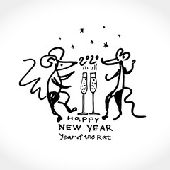 Funny christmas card with two funny rats with huge glasses of champagne. Happy New Year! Year of the Rat hand drawn illustration in funny cartoon style.