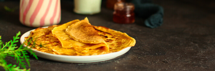 pancakes fritter (delicious dessert or breakfast snack) menu concept. food background. top view. copy space