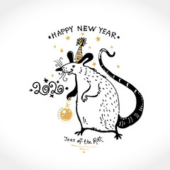 Cute hand drawn sketch illustration with funny Rat in a hat and with a christmas ball. Greeting vector card for Happy New Year congratulations. Year of the Rat 2020.