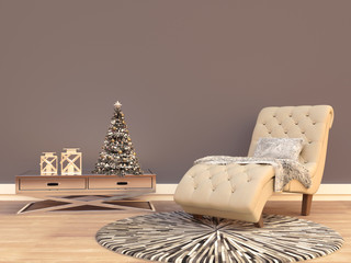 Living room interior with Christmas tree and sofa with pillow and blanket. 3D rendering.