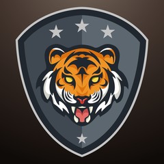 tiger in shield sports mascot color logo illustration