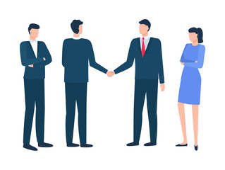 Meeting of business partners vector, men shaking hands isolated people wearing formal clothes. Secretary women and employee boss standing strictly
