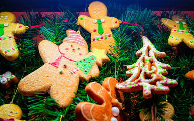 Gingerbread cookies at Christmas market in Germany in Europe winter. German Night street Xmas and...