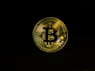 Bitcoin. Crypto currency Gold Bitcoin, BTC. Macro shot of Bitcoin coins. Blockchain technology, bitcoin mining concept.