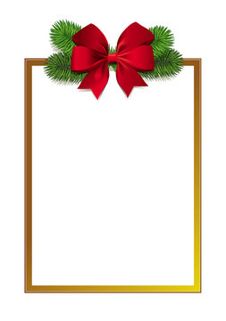 Elegant golden frame with photo realistic green christmas tree branches and red beautiful bow. Rectangular background for seasonal winter greetings.