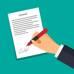 Vector hand with pen writing on a paper. Businessman signs document. The hand holds a pen in a 3d style. Contract with a signature. Business financial agreement concept. 