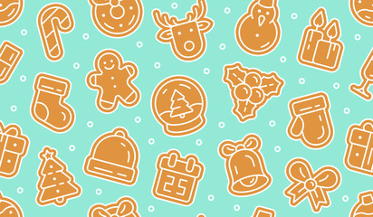 Gingerbread cookies seamless pattern. Isolated on blue background