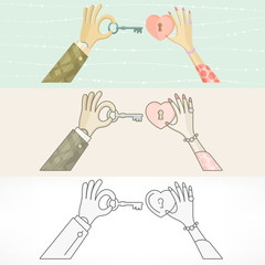 Men's hand with key from woman's heart.