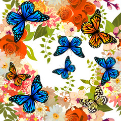 Obraz premium A seamless background with different flowers and butterflies. Vector