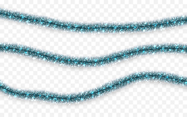 Christmas or New Year traditional decorations. Hanging glitter Xmas tinsel garland. Decor element. Vector illustration