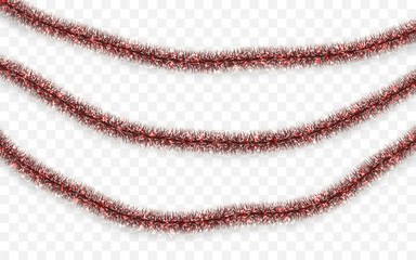 Christmas or New Year traditional decorations. Hanging glitter Xmas tinsel garland. Decor element. Vector illustration