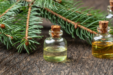 Essential oil bottles with fresh spruce branches