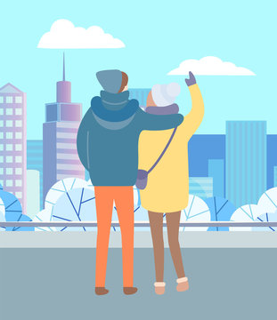 Couple walking in winter urban park. People standing and hugging outdoor in cold weather. Man and woman together. Beautiful snowy landscape of city on background. Vector illustration in flat style