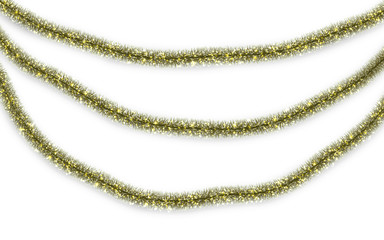 Christmas or New Year traditional decorations. Hanging glitter Xmas tinsel garland. Decor element. Vector illustration