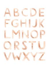 Watercolor hand painted cute latin alphabet letters in light nude brown color.