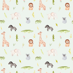 Seamless pattern with cute african animals. Isolated on white background. Summer tropics.