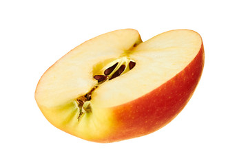 One half of fresh red apple isolated on white background without shadow. Close-up