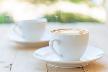 hot coffee on table in morning time