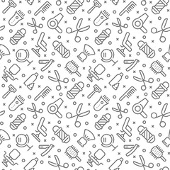 Fototapeta premium Barbershop related seamless pattern with outline icons