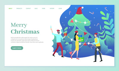 Merry Christmas vector, people celebrating new year. Man and woman with gifts. Tradition of presents exchanging. Pine tree with santa hat and garlands. Website or webpage template, landing page