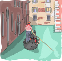 Venetian gondolier in a gondola. © pillerss