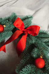 Christmas wreath composition. Christmas red decorations on background. Flat lay. Christmas and happy new year concept for Christmas promotion banner