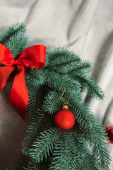 Christmas wreath composition. Christmas red decorations on background. Flat lay. Christmas and happy new year concept for Christmas promotion banner