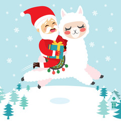 Obraz premium Funny cute Santa Claus holding present riding lovely alpaca flying over snowy background