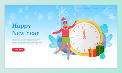 Happy new year greeting with seasonal winter holidays vector. Woman dancing by clock and presents. Decorative foliage and informative text on website or webpage template, landing page flat style