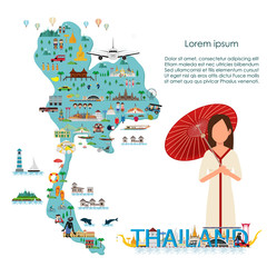 Thailand map. Landmarks and Northern Thai girl. Vector illustration