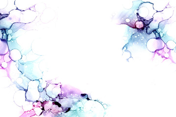 Soft abstract hand drawn watercolor frame. Alcohol ink background in purple tones. Raster illustration.