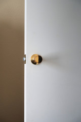 A white interior door with a brass knob and beige wall