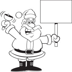 Black and white illustration of Santa Claus ringing a bell while holding a sign.
