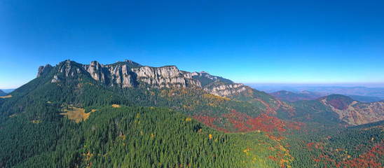 Aerial view of rocky mountain and colored forest
