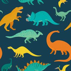 Hand drawn seamless pattern with dinosaurs. Perfect for kids fabric, textile, nursery wallpaper. Cute dino design. Vector illustration.