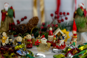 Christmas collection, gifts and decorative ornaments, on a Christmas background. photographic still life.