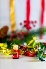 Christmas collection, gifts and decorative ornaments, on a Christmas background. photographic still life.