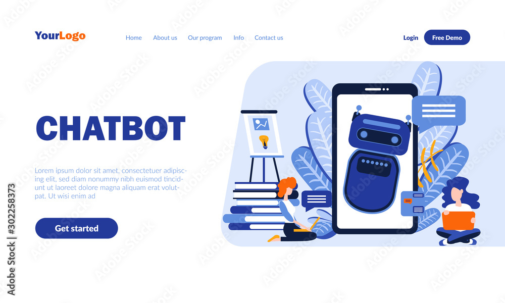 Wall mural chatbot flat landing page template with header. online support, dialog help service web banner, home