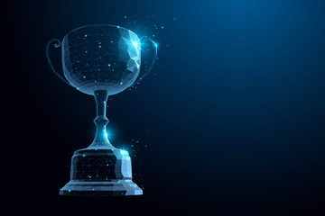 Abstract Trophy cup form lines, Low Poly, point connecting network on blue background.