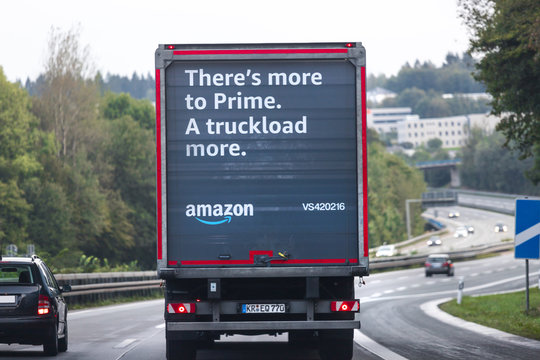 bochum, North Rhine-Westphalia/germany - 07 09 19: amazon prime truck on a freeway near bochum germany