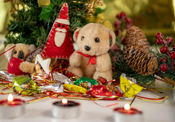 Christmas collection, gifts and decorative ornaments, on a Christmas background. photographic still life.