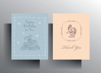 Set of greeting card templates. Design in pastel colors with a hand-drawn character. Vector 10 EPS.
