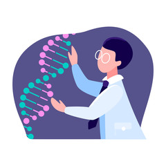 Scientist profession concept. A man in a white coat, glasses and tie touches a DNA helix. Genetic research
