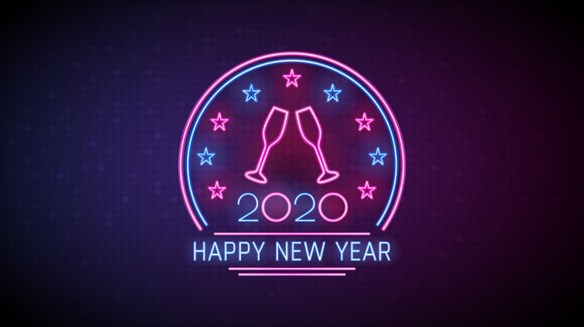 Happy new year 2020 in neon light champagne glasses on digital red and blue color background