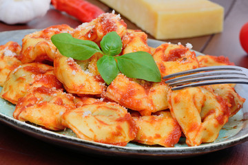 Tortellini with tomatoes sauce in a plate